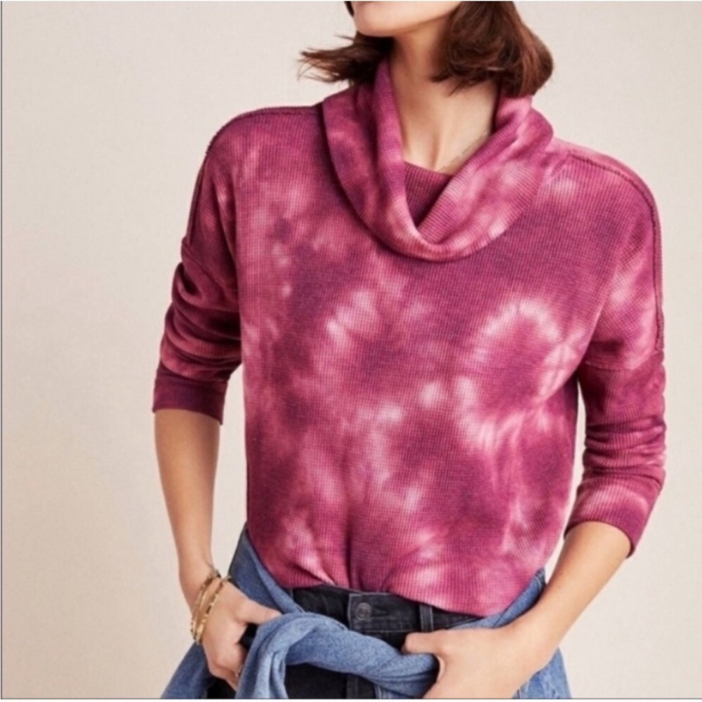 Anthropologie Maeve Ainsley Pink Tie Dye Cowl Neck Waffle Knit Thermal Sweater